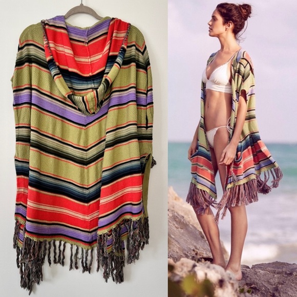 Anthropologie Moth Calexico Poncho Sweater Hooded Vest Cardigan Striped Sz XS S - Picture 2 of 16